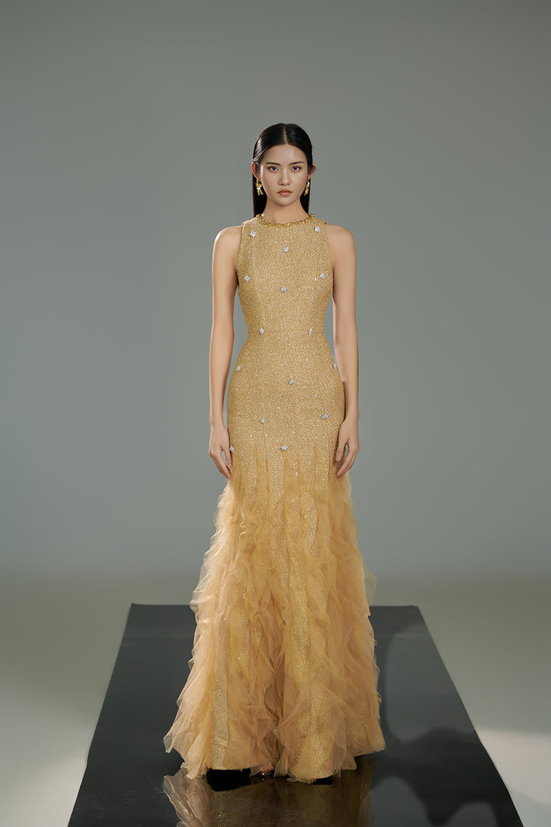 TWEED JEWEL NECK MERMAID MAXI DRESS IN BEIGE - CULT MIA