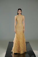 Beige tweed jewel neck mermaid gown by Happy Clothing, featuring a fitted silhouette and elegant design.
