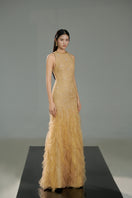 Beige tweed jewel neck mermaid gown by Happy Clothing, featuring fitted silhouette and elegant design.