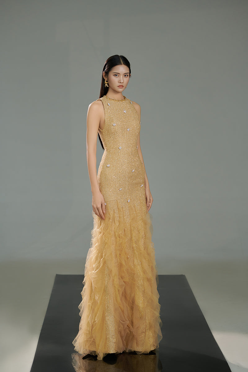 Beige tweed jewel neck mermaid gown by Happy Clothing, featuring fitted silhouette and elegant design.