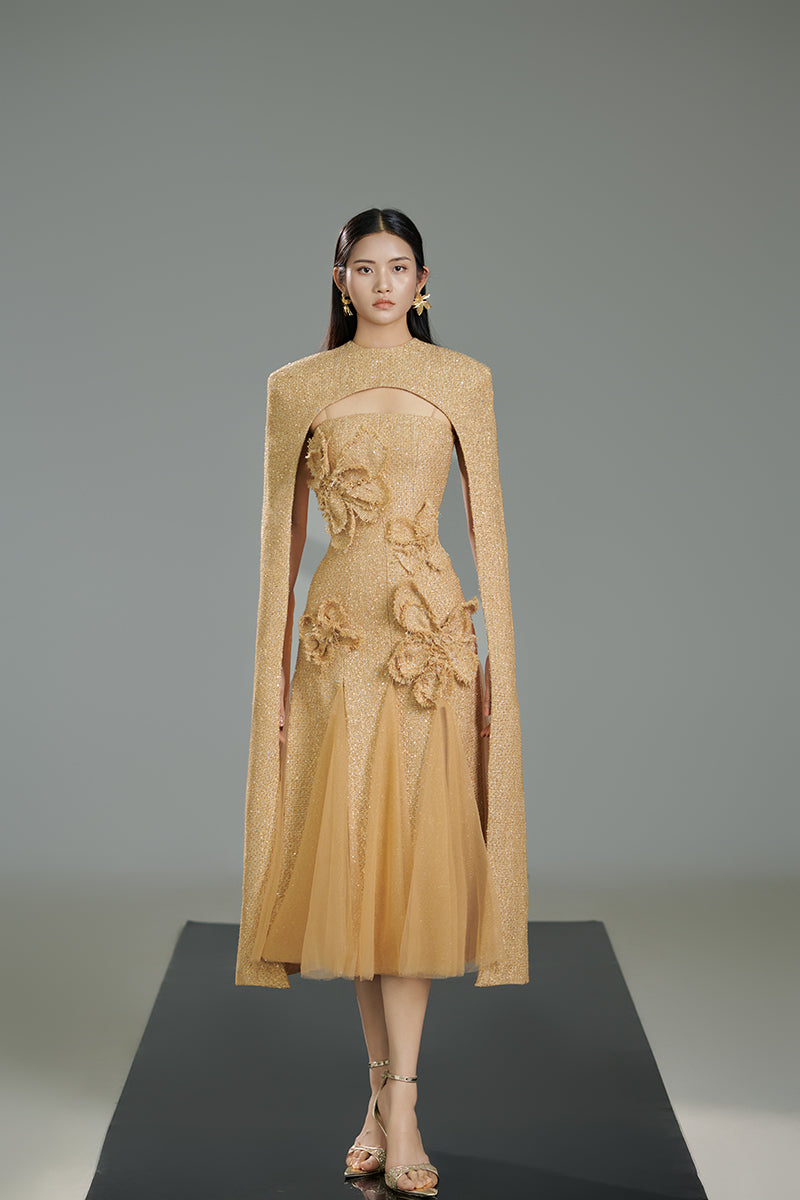 PRESTON CAPE TWEED PETAL MIDI DRESS IN BEIGE - CULT MIA