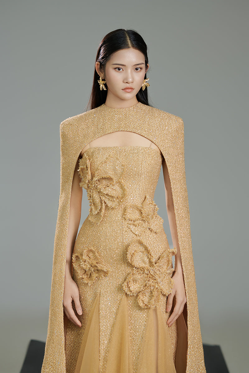 beige cape dress CREPE BEIGE EMBROIDERY DRESS WITH LONG CAPE