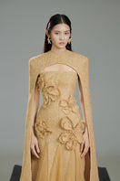 Beige Preston Cape Tweed Petal Midi Dress by Happy Clothing, featuring a stylish midi length and elegant tweed fabric.
