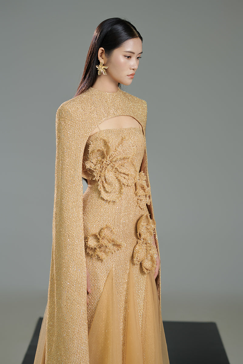 Beige Preston Cape Tweed Petal Midi Dress by Happy Clothing, featuring a stylish midi length and textured tweed fabric.