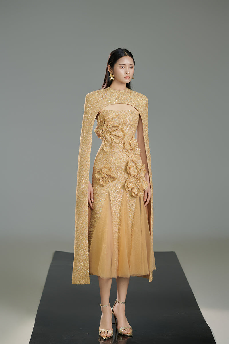 HAPPY CLOTHING PRESTON CAPE TWEED PETAL MIDI DRESS IN BEIGE | Cult Mia HAPPY CLOTHING PRESTON CAPE TWEED PETAL MIDI DRESS IN BEIGE | Cult Mia