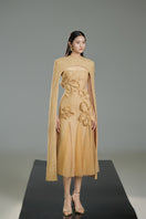 Beige Preston Cape Tweed Petal Midi Dress by Happy Clothing, featuring a stylish midi dress with a cape detail and textured tweed fabric.