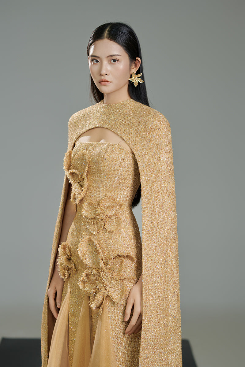 PRESTON CAPE TWEED PETAL MIDI DRESS IN BEIGE - CULT MIA