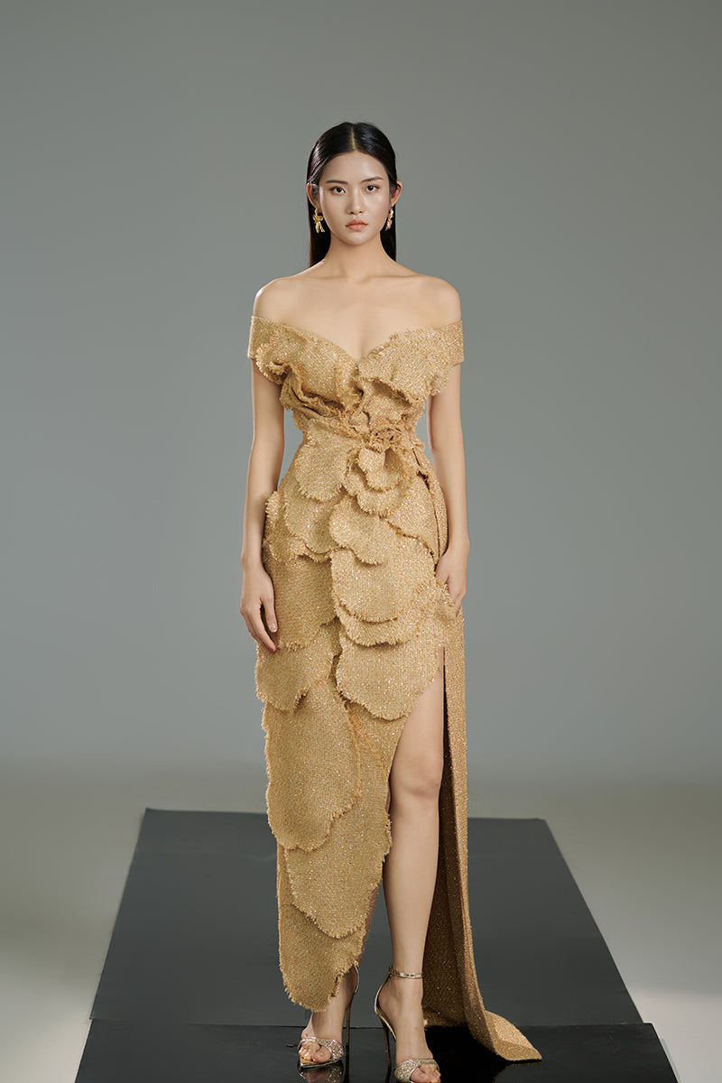 OFF-SHOULDER TWEED PETAL MAXI DRESS IN BEIGE - CULT MIA
