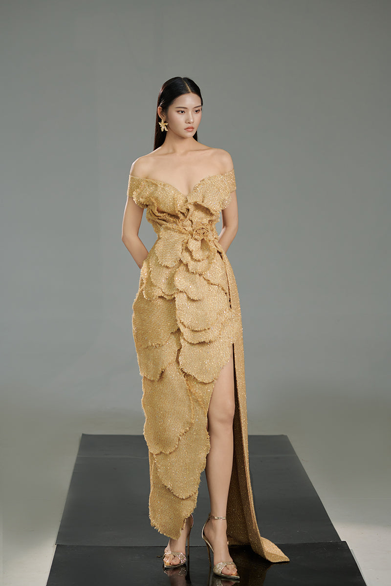 OFF-SHOULDER TWEED PETAL MAXI DRESS IN BEIGE - CULT MIA