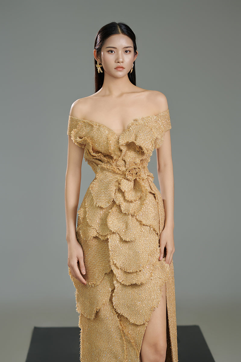 OFF-SHOULDER TWEED PETAL MAXI DRESS IN BEIGE | CULT MIA | HAPPY CLOTHING OFF-SHOULDER TWEED PETAL MAXI DRESS IN BEIGE | CULT MIA | HAPPY CLOTHING