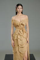Beige off-shoulder tweed petal gown by Happy Clothing, featuring elegant floral-inspired design and classic fit.