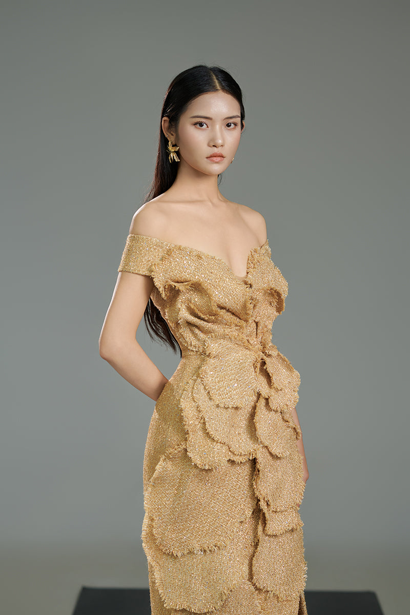 OFF-SHOULDER TWEED PETAL MAXI DRESS IN BEIGE - CULT MIA