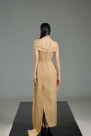 Beige off-shoulder tweed petal gown by Happy Clothing, featuring elegant floral petal design and fitted silhouette.