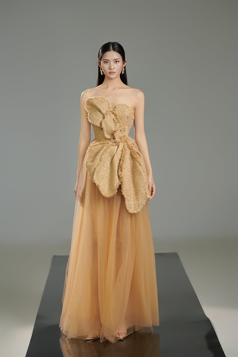 HAPPY CLOTHING BEIGE FLORAL TWEED AND ORGANZA MAXI DRESS IN BEIGE | Cult Mia HAPPY CLOTHING BEIGE FLORAL TWEED AND ORGANZA MAXI DRESS IN BEIGE | Cult Mia