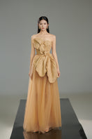 Beige floral tweed and organza gown by Happy Clothing, featuring elegant design and intricate fabric details.