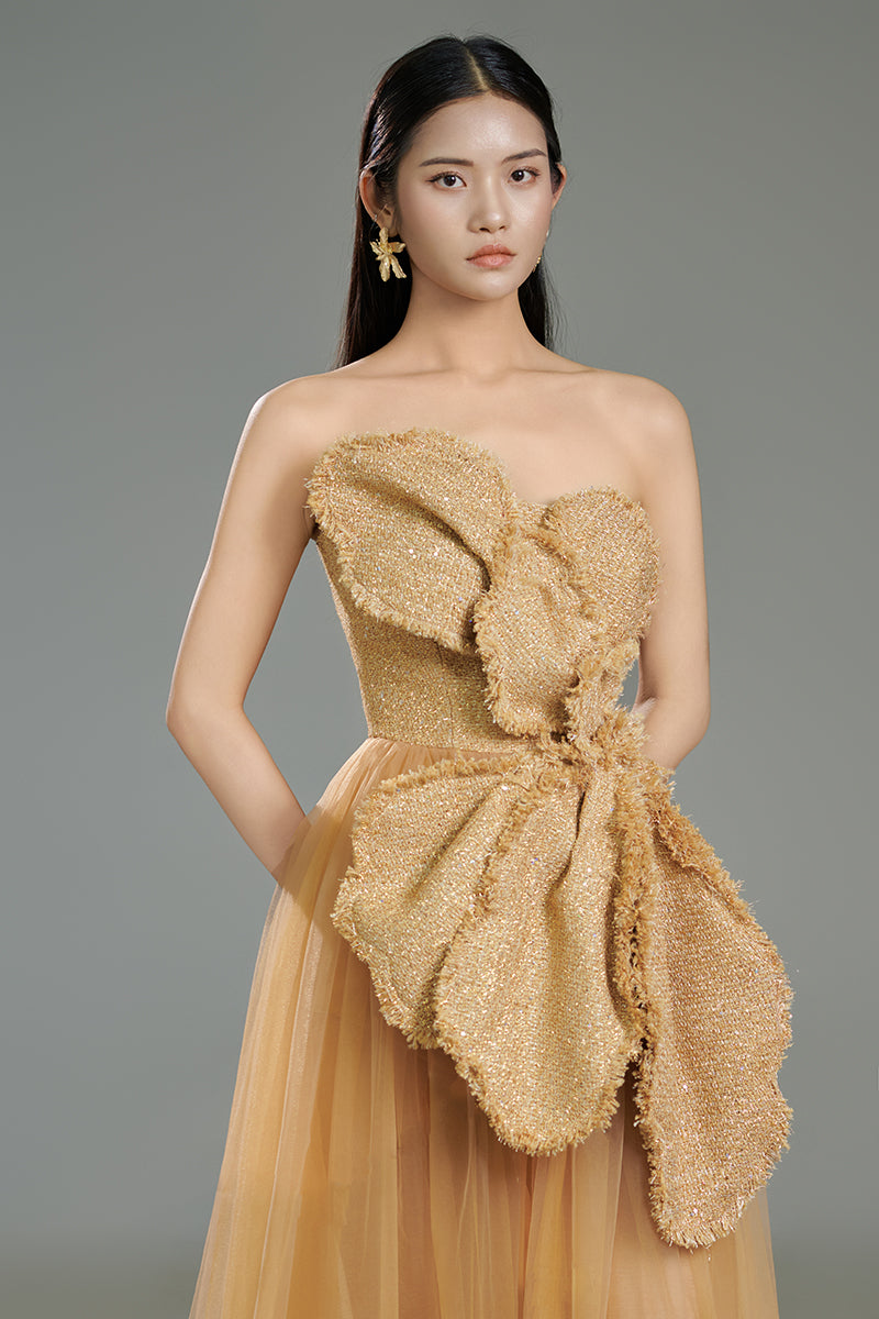 HAPPY CLOTHING BEIGE FLORAL TWEED AND ORGANZA MAXI DRESS IN BEIGE | Cult Mia HAPPY CLOTHING BEIGE FLORAL TWEED AND ORGANZA MAXI DRESS IN BEIGE | Cult Mia