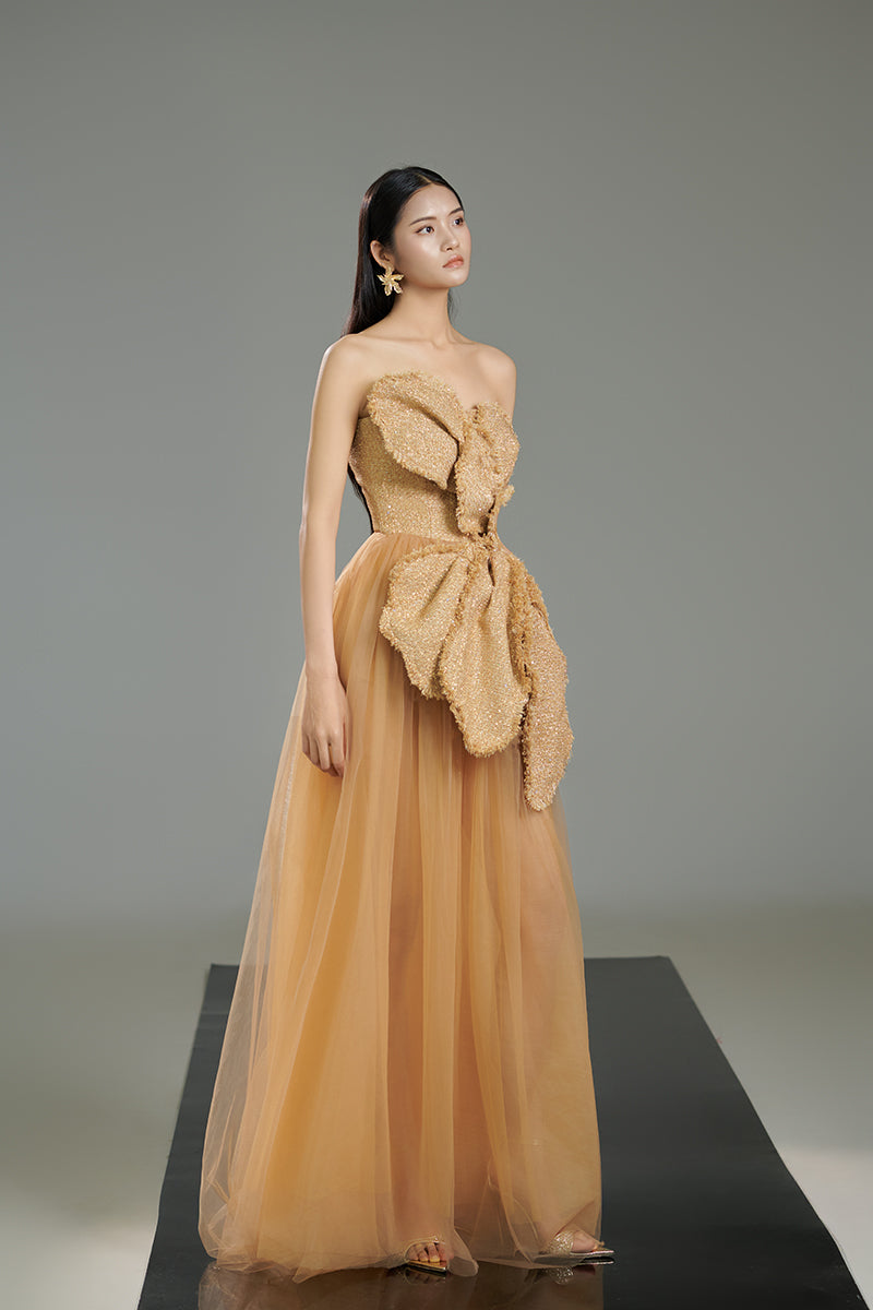 HAPPY CLOTHING BEIGE FLORAL TWEED AND ORGANZA GOWN IN BEIGE