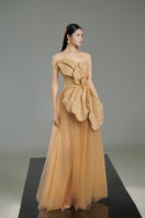 Beige floral tweed gown with organza accents by Happy Clothing, featuring intricate floral patterns and elegant design.