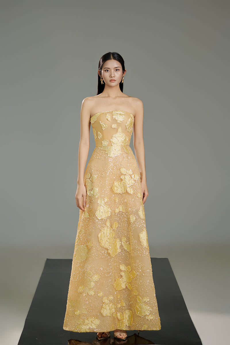 GOLD STRAPLESS CRYSTAL MAXI DRESS IN BEIGE - CULT MIA