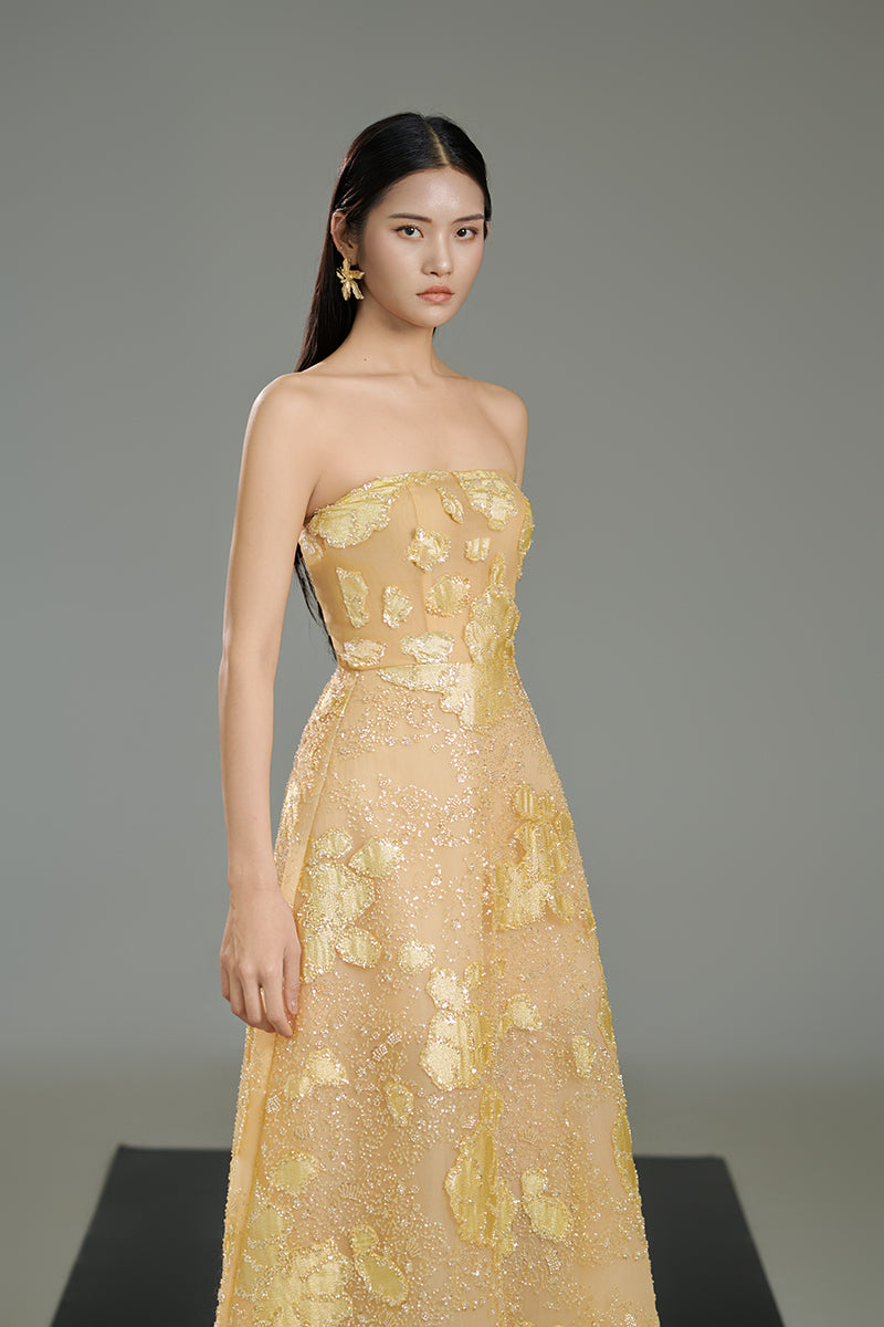 GOLD STRAPLESS CRYSTAL MAXI DRESS IN BEIGE - CULT MIA