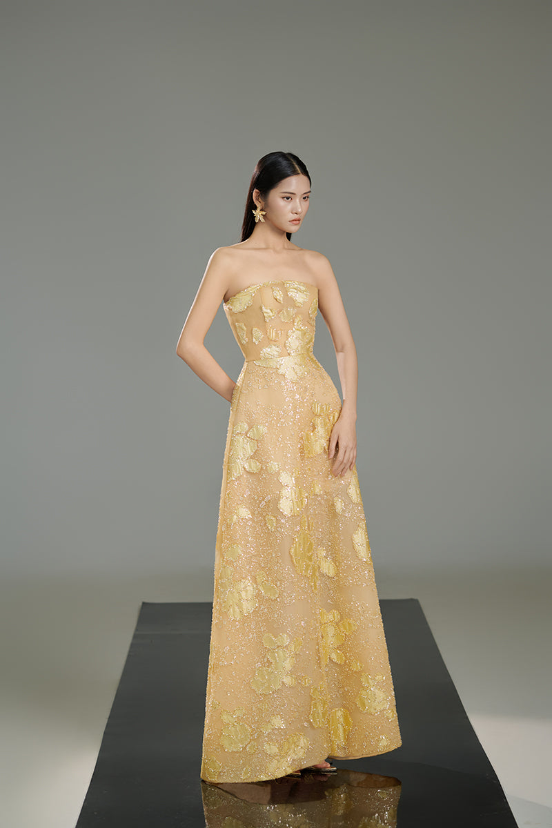 GOLD STRAPLESS CRYSTAL MAXI DRESS IN BEIGE - CULT MIA