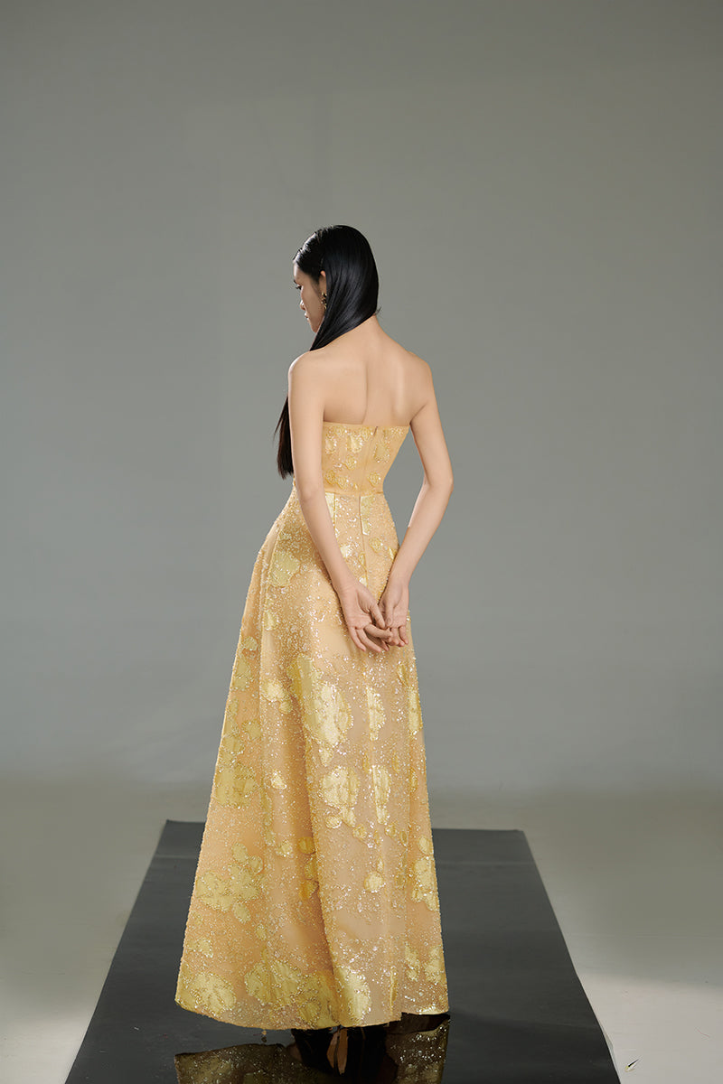 GOLD STRAPLESS CRYSTAL MAXI DRESS IN BEIGE - CULT MIA