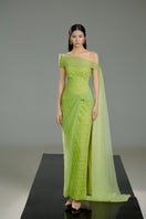 Light green crystal gown by Happy Clothing featuring intricate beadwork and flowing fabric, perfect for formal occasions.