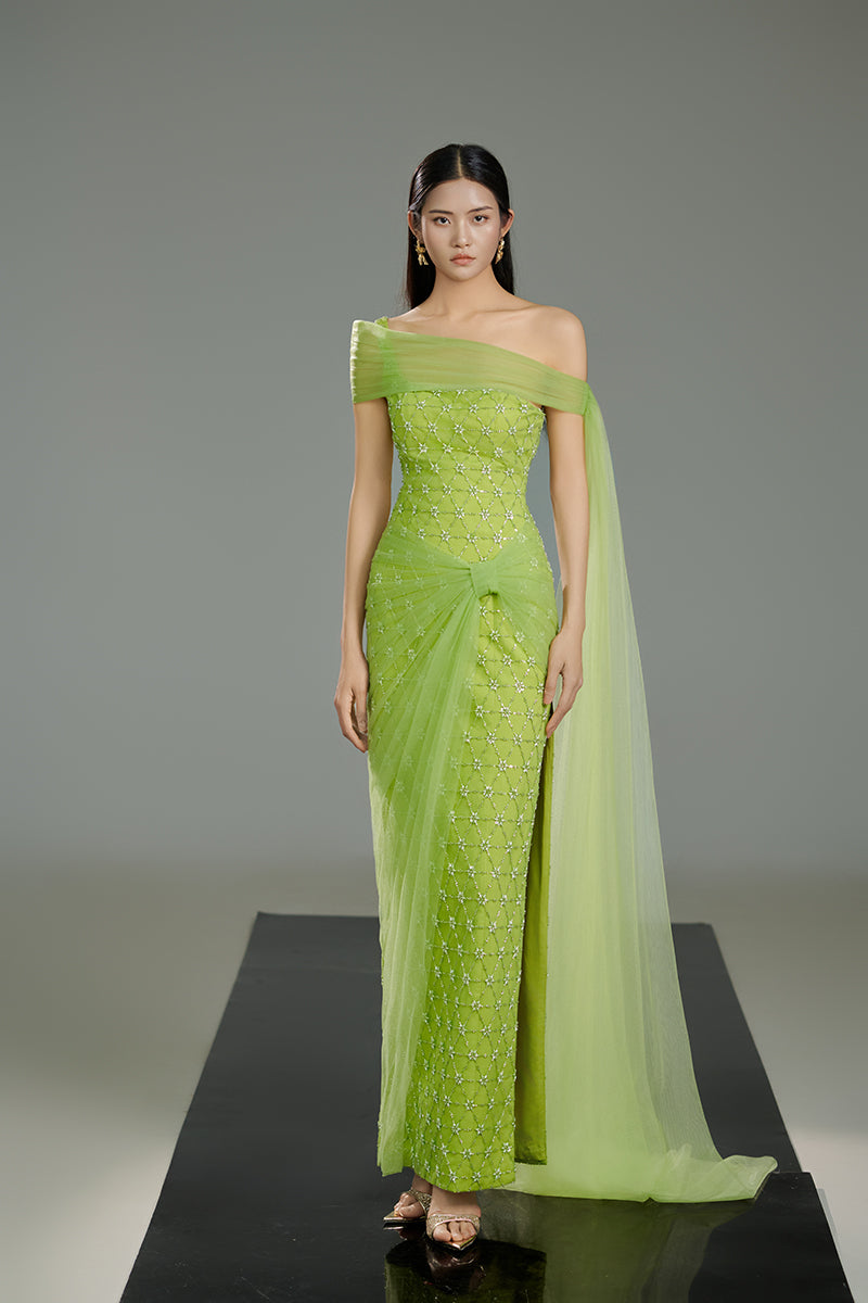 Light green crystal gown by Happy Clothing featuring intricate beadwork and flowing fabric, perfect for formal occasions.