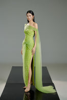 Light green crystal gown from Happy Clothing featuring elegant fabric and intricate crystal embellishments, perfect for formal occasions.