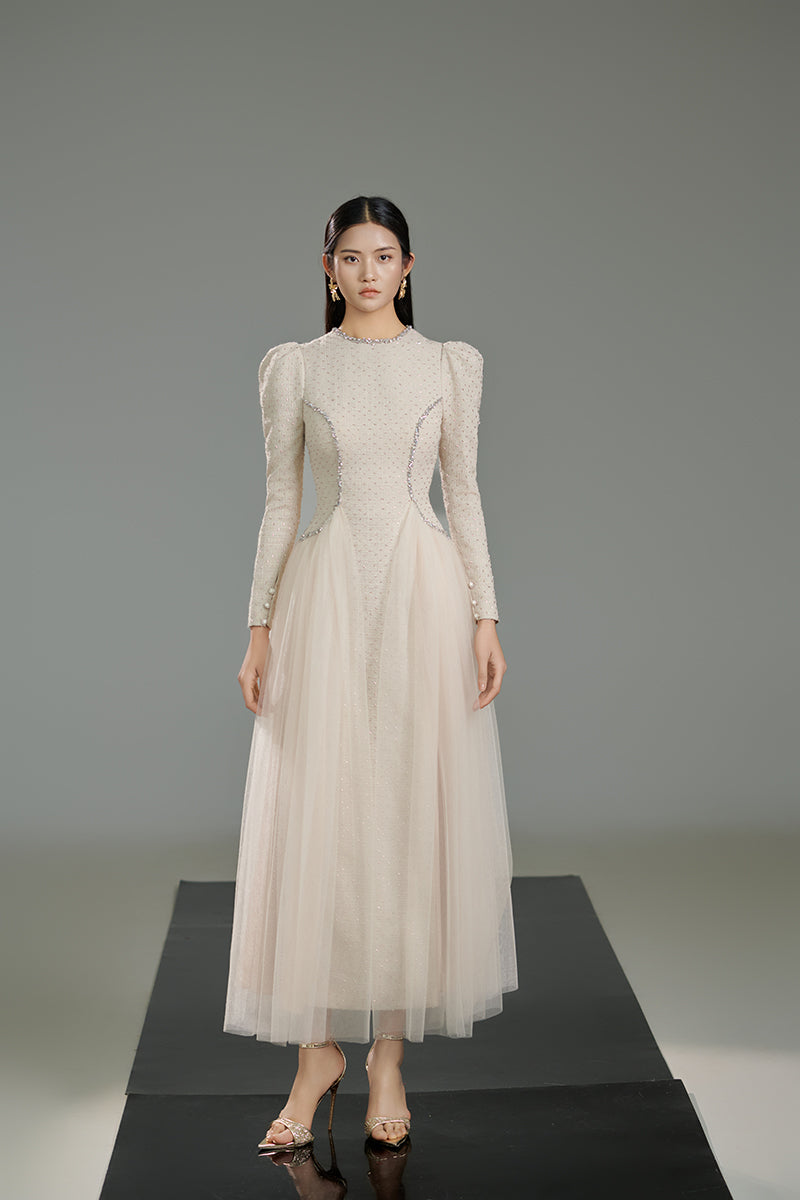 WHITE TWEED A LINE MIDI DRESS IN WHITE - CULT MIA