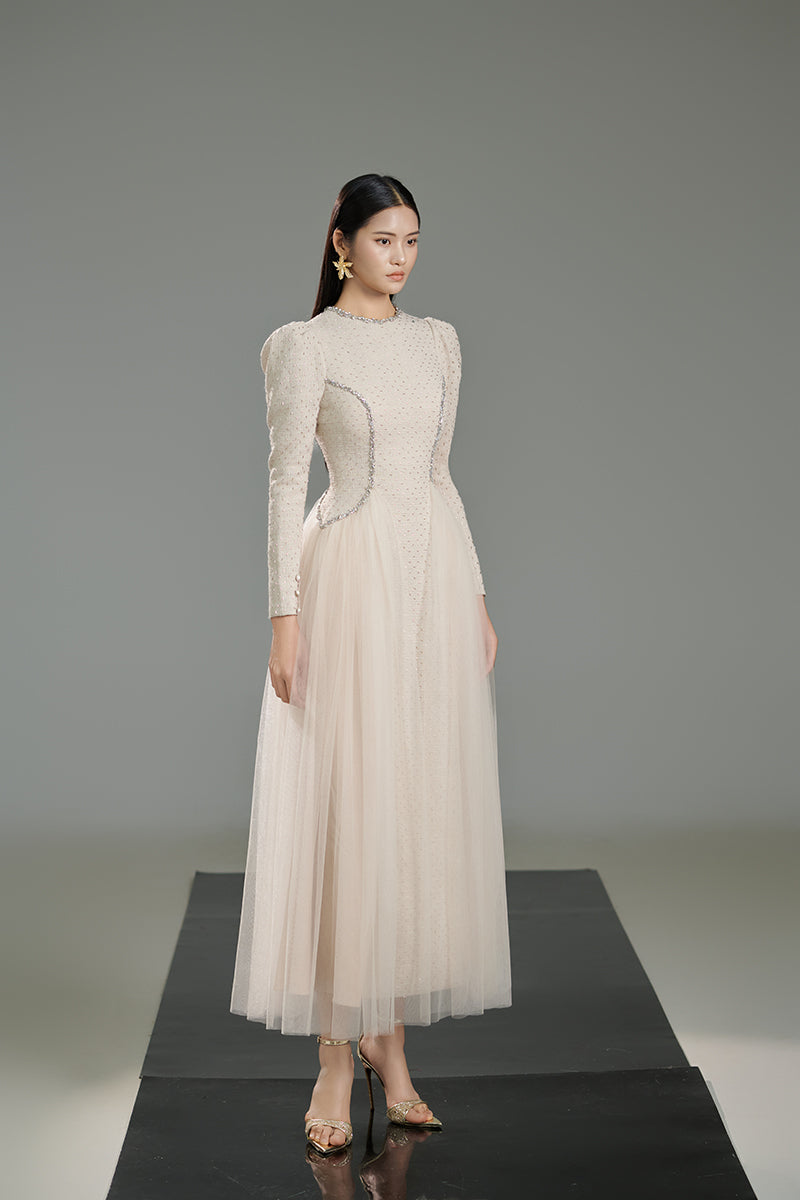 HAPPY CLOTHING White TWEED A LINE MIDI DRESS IN White HAPPY CLOTHING White TWEED A LINE MIDI DRESS IN White