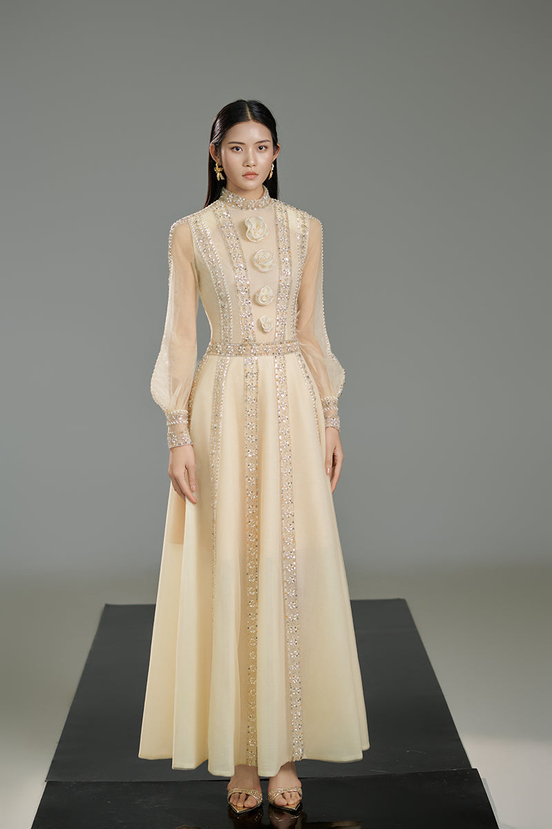 A-LINE CUFF SLEEVED CHIFFON MAXI DRESS IN BEIGE - CULT MIA