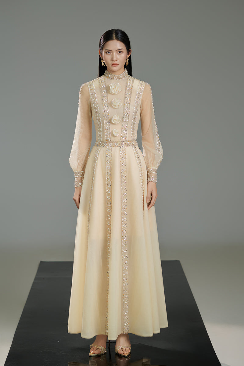 A-LINE CUFF SLEEVED CHIFFON MAXI DRESS IN BEIGE - CULT MIA