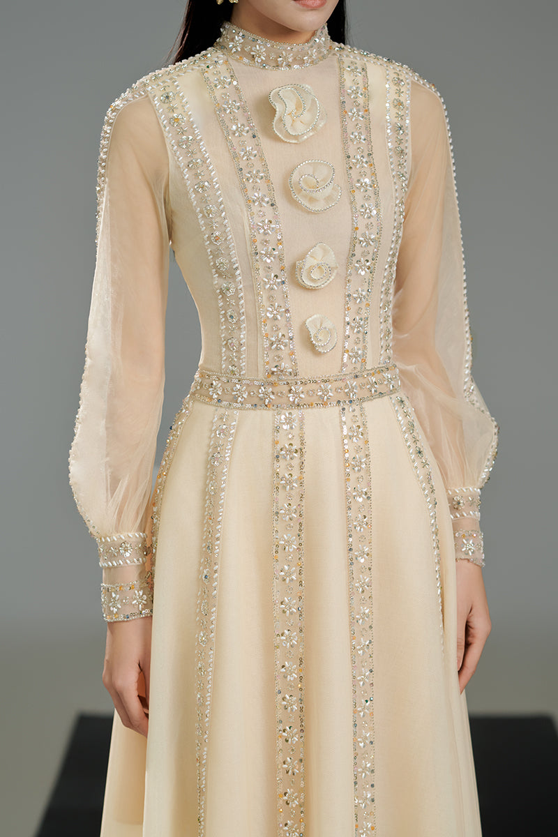 A-LINE CUFF SLEEVED CHIFFON MAXI DRESS IN BEIGE - CULT MIA