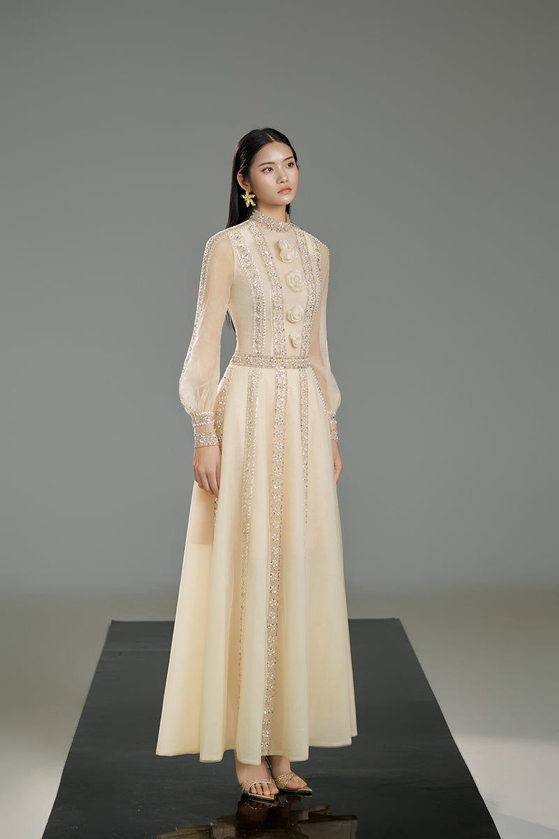 A-LINE CUFF SLEEVED CHIFFON MAXI DRESS IN BEIGE - CULT MIA