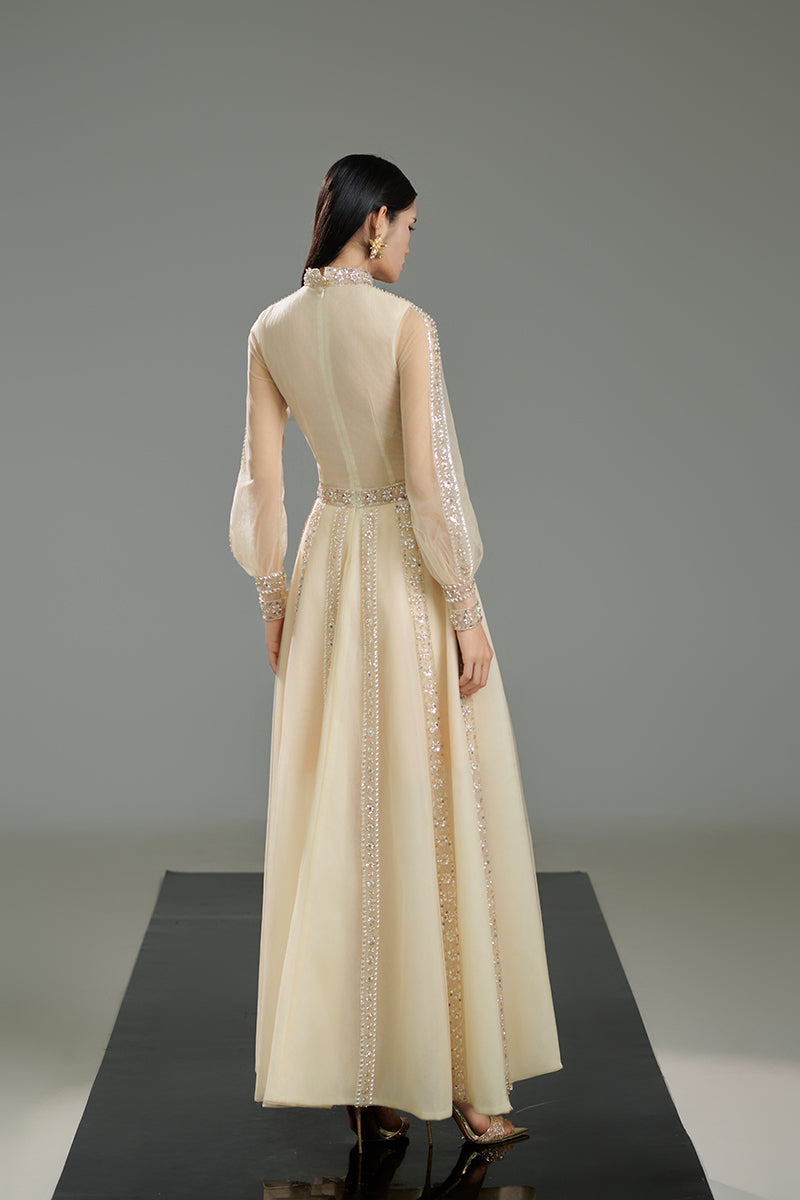 A-LINE CUFF SLEEVED CHIFFON MAXI DRESS IN BEIGE - CULT MIA