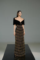 Black velvet gown with cold shoulder sleeves, Tanner Trumpet style by Happy Clothing, elegant and flowing design.