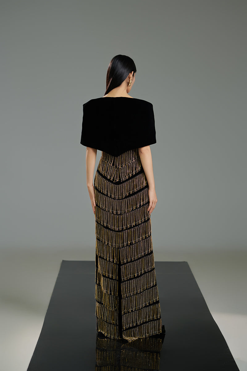 TANNER TRUMPET COLD SHOULDER SLEEVED VELVET MAXI DRESS IN BLACK - CULT MIA