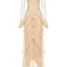 Beige lace cascade maxi dress by Montsand featuring intricate lace details and a flowing silhouette.