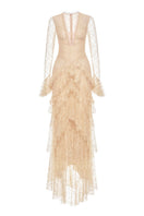 Beige lace cascade maxi dress by Montsand featuring intricate lace details and a flowing silhouette.