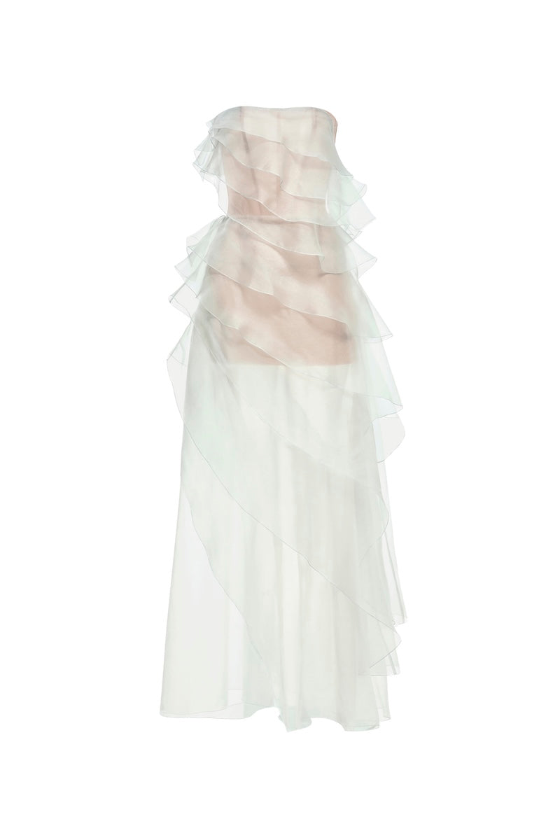 MINT TIERED STRAPLESS DRESS