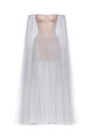 Montsand Cult Mia X gray tulle off-shoulder gown featuring elegant draping and flowing fabric for formal occasions.