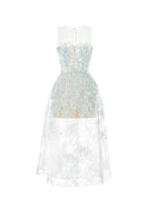 Baby blue beaded lace midi dress by Montsand featuring intricate beadwork and delicate lace fabric for elegant occasions.