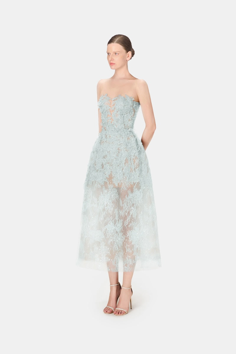Baby blue beaded lace midi dress by Montsand featuring intricate beadwork and delicate lace fabric.