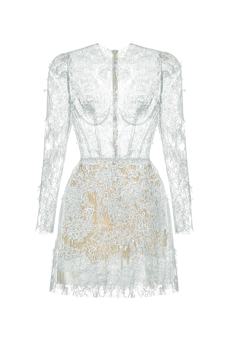 BABY BLUE BEADED LACE MINI DRESS