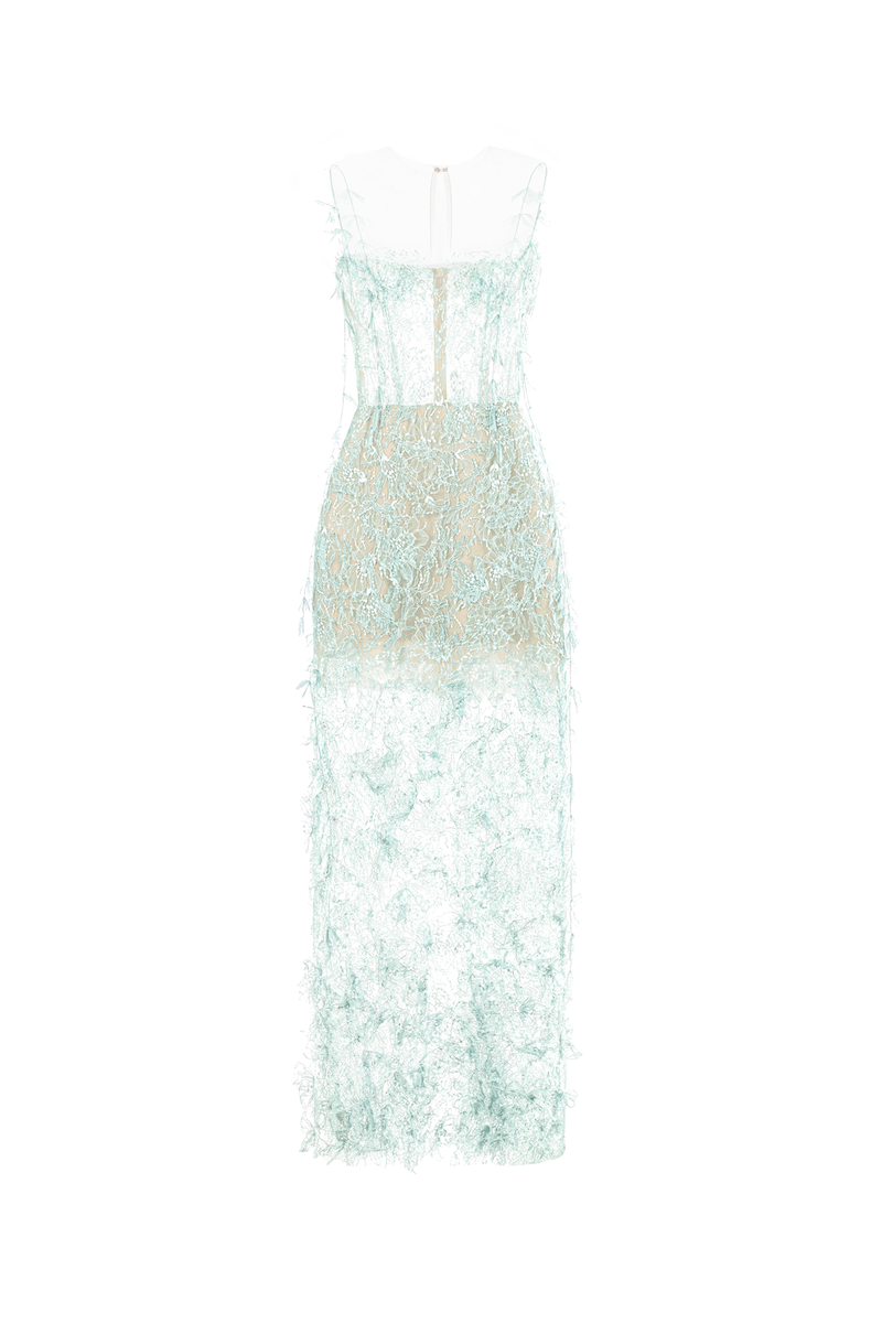 BABY BLUE BEADED LACE PENCIL DRESS