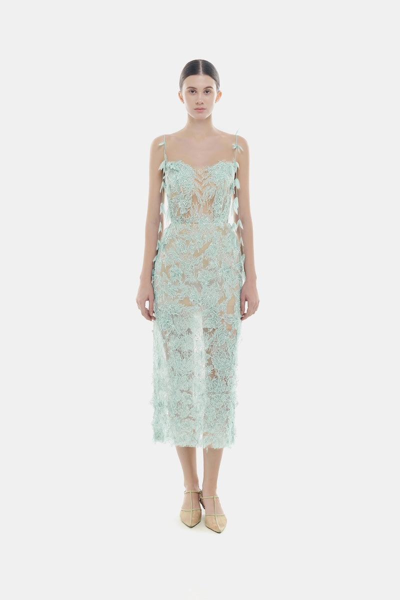 BABY BLUE BEADED LACE PENCIL DRESS