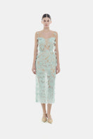 Baby blue beaded lace pencil gown by Montsand, showcasing intricate beadwork and elegant lace fabric.