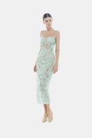 Baby blue beaded lace pencil gown by Montsand, featuring intricate beadwork and elegant lace fabric.