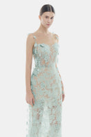 Baby blue beaded lace pencil gown by Montsand, showcasing intricate beadwork and elegant lace fabric for formal occasions.